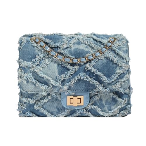 PeeToos Damen Distressed Denim Schultertasche Gesteppte Crossbody Geldbörse mit Kettenriemen und Twist-Lock-Verschluss 21.6x16.0x9.0 cm PeeToos Damen Distressed Denim Schultertasche Gesteppte Crossbody Geldbörse mit Kettenriemen und Twist-Lock-Verschluss 21.6x16.0x9.0 cm von PeeToos