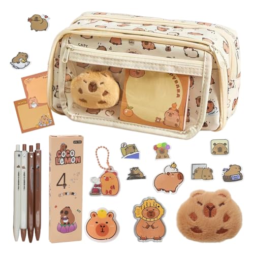 Capybara Federmäppchen mit Stiften, Mehrschichtiges Mäppchen Großem Fassungsvermögen, Capybara-Schlüsselanhänger, Broschen, Aufkleber, Kuscheltier, Notizbuch, Schule, Büro (Kawaii Schreibwaren-Set) von Peelanmall