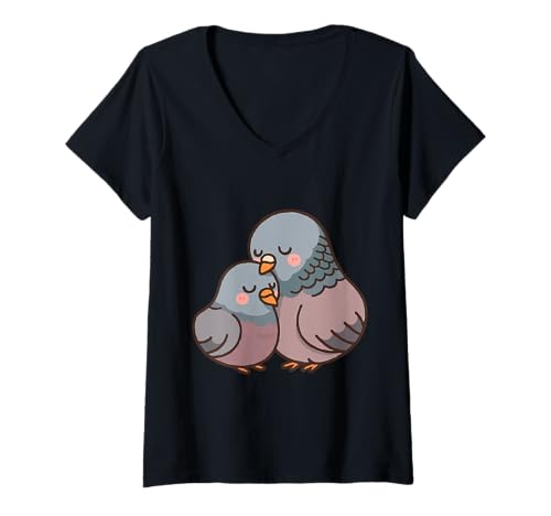 Damen Süße Kawaii-Grafik von Pigeon Love T-Shirt mit V-Ausschnitt von Peep and Coo