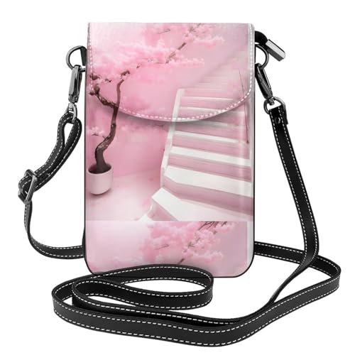Cherry Blossom White Staircase Kleine Handy-Geldbörse, Blumendruck, Umhängetasche, PU-Leder, Mini-Geldbörse mit Schultergurt, sicherer Magnetverschluss. von Pegqcvam