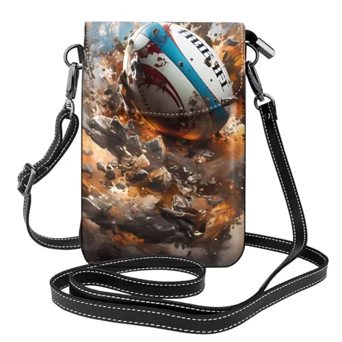 Kleine Geldbörse für Mobiltelefone im Rugby On Fire, Blumendruck, Mini-Geldbörse aus PU-Leder mit Schultergurt, sicherer Magnetverschluss. von Pegqcvam