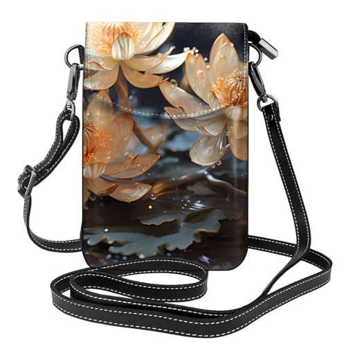 Kleine Handy-Geldbörse, Bohemian-Stil, weißer Lotus, Blumendruck, Umhängetasche, PU-Leder, Mini-Geldbörse mit Schultergurt, sicherer Magnetverschluss. von Pegqcvam
