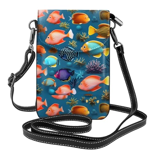 Kleine Handy-Geldbörse, U-Boot-Rifffisch, Blumendruck, Umhängetasche, PU-Leder, Mini-Geldbörse mit Schultergurt, sicherer Magnetverschluss. von Pegqcvam