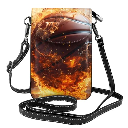 Kleine Handy-Geldbörse mit Basketball auf Feuer und Wasserflammenspritzer, Blumendruck, Mini-Geldbörse aus PU-Leder mit Schultergurt, sicherer Magnetverschluss. von Pegqcvam