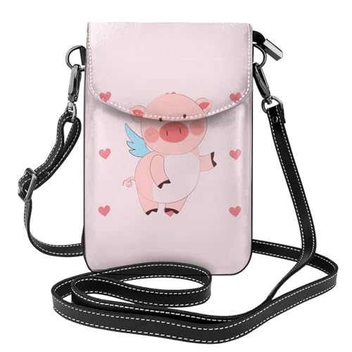 Kleine Handy-Geldbörse mit Cartoon-Motiv "Flying Pig", Blumendruck, Mini-Geldbörse aus PU-Leder mit Schultergurt, sicherer Magnetverschluss. von Pegqcvam