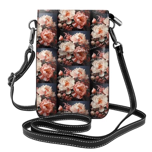 Kleine Handy-Geldbörse mit Pfingstrosen, Blumenmuster, Mini-Geldbörse aus PU-Leder mit Schultergurt, sicherer Magnetverschluss. von Pegqcvam