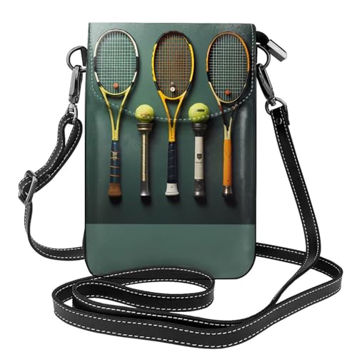 Kleine Handy-Geldbörse mit Tennisbällen und Schläger, Blumendruck, Mini-Geldbörse aus PU-Leder mit Schultergurt, sicherer Magnetverschluss. von Pegqcvam