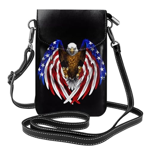 Kleine Handy-Geldbörse mit USA-Flagge, Patriotischer Adler, Blumendruck, Umhängetasche, PU-Leder, Mini-Geldbörse mit Schultergurt, sicherer Magnetverschluss. von Pegqcvam