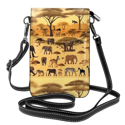 Kleine Handy-Geldbörse mit afrikanischen Graslandtieren, Blumendruck, Mini-Geldbörse aus PU-Leder mit Schultergurt, sicherer Magnetverschluss. von Pegqcvam