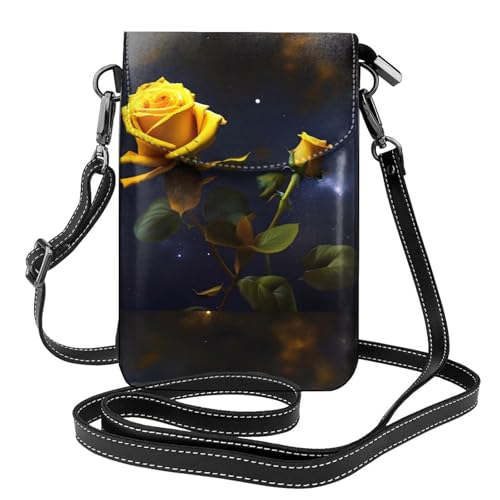 Kleine Handy-Geldbörse mit gelben Rosen, Blumendruck, Mini-Geldbörse aus PU-Leder mit Schultergurt, sicherer Magnetverschluss. von Pegqcvam