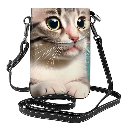 Kleine Handy-Geldbörse mit neugieriger Katze, Blumendruck, Mini-Geldbörse aus PU-Leder mit Schultergurt, sicherer Magnetverschluss. von Pegqcvam