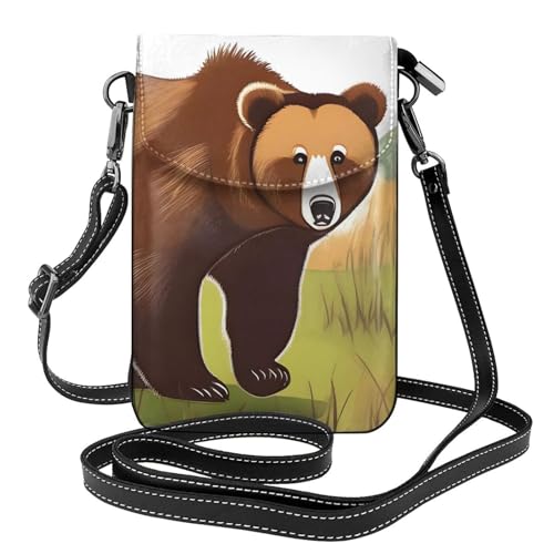 Pegqcvam Brown Bear Walking Kleine Handy-Geldbörse, Blumendruck, Umhängetasche, PU-Leder, Mini-Geldbörse mit Schultergurt, sicherer Magnetverschluss. von Pegqcvam