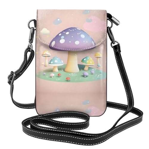 Pegqcvam Kleine Handy-Geldbörse mit Cartoon-Pilz, Blumendruck, Umhängetasche, PU-Leder, Mini-Geldbörse mit Schultergurt, sicherer Magnetverschluss. von Pegqcvam