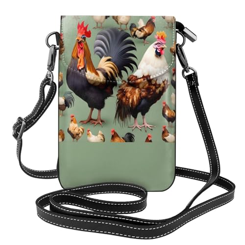 Pegqcvam Kleine Handy-Geldbörse mit Hahn und Huhn, Blumendruck, Mini-Geldbörse aus PU-Leder mit Schultergurt, sicherer Magnetverschluss. von Pegqcvam