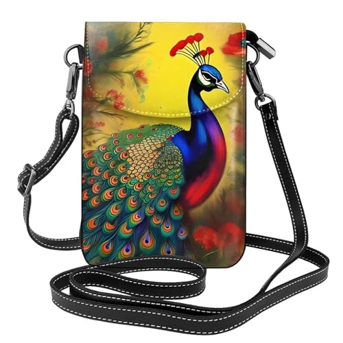 Pegqcvam Kleine Handy-Geldbörse mit Pfauenblumen, Blumendruck, Mini-Geldbörse aus PU-Leder mit Schultergurt, sicherer Magnetverschluss. von Pegqcvam