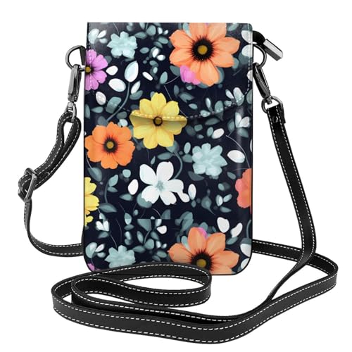Pegqcvam Schöne bunte Blumen kleine Handy-Geldbörse, Blumendruck, Umhängetasche, PU-Leder, Mini-Geldbörse mit Schultergurt, sicherer Magnetverschluss. von Pegqcvam