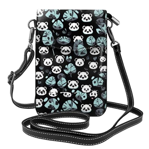 Pegqcvam Schwarze und weiße Geldbörse mit Panda-Gesicht, Blumendruck, Mini-Geldbörse aus PU-Leder mit Schultergurt, sicherer Magnetverschluss. von Pegqcvam