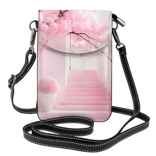 Rosa Kirschblüten-Treppen-Geldbörse, Blumendruck, Umhängetasche, PU-Leder, Mini-Geldbörse mit Schultergurt, sicherer Magnetverschluss. von Pegqcvam