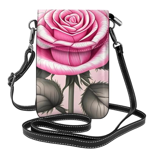 Schöne rosa Rosen kleine Handygeldbörse, Blumendruck, Umhängetasche, PU-Leder, Mini-Geldbörse mit Schultergurt, sicherer Magnetverschluss. von Pegqcvam
