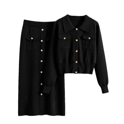 Damen Herbst Strickröcke Kurz Pullover Cardigan + Einreiher Slim Elegant 2 Stück Sets, Schwarz , S von Pegsmio