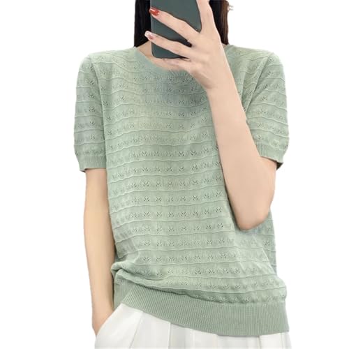 Damen Sommer Baumwolle Strick Kurzarm Dünn Hohl Lose T-Shirt Rundhals Solid Halbarm Top, En8, M von Pegsmio