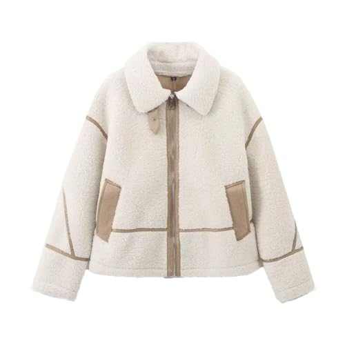 Pegsmio Revers Reißverschluss Jacke Damen Winter Mode Warm Fleece Doppelseitige Jacke, weiß, S von Pegsmio