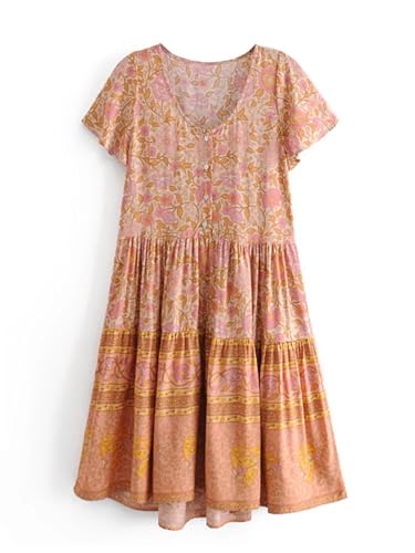 Pegsmio Vintage-Minikleid für Damen, Knopfleiste, Blumendruck, tiefer V-Ausschnitt, Bohemian-Minikleid, kurzärmelig, siehe abbildung, Medium Pegsmio Vintage-Minikleid für Damen, Knopfleiste, Blumendruck, tiefer V-Ausschnitt, Bohemian-Minikleid, kurzärmelig, siehe abbildung, Medium von Pegsmio
