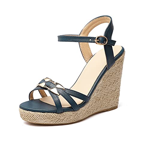 PehuqfY Damenschuhe mit offenem Zehenbereich, High Heels, Stroh, Plateau-Sandalen, Slingback, Damen-Sommerschuhe, leger, bequemer Riemchensandalen, Keilabsatz, 11 cm, blau, 49 von PehuqfY