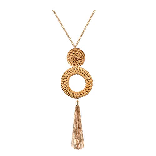 Tassel Pendant Necklace Handmade Straw Wicker Braid Statement Pendant Y-Shaped Long Chain Necklace for Women (deep) von Pehvdkuq