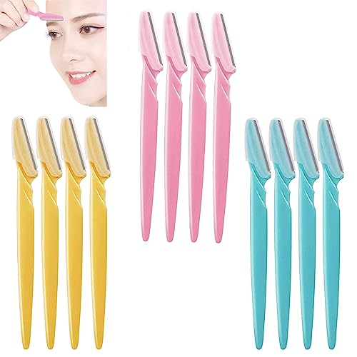 12 Packungen Augenbrauen-Rasierer, tragbarer Rasierer, Trimmer, Gesichtshaarmesser, Entferner, Shaper Rasierer Trimmer für Frauen und Männer, Gesichtshaarentferner (gelb, rosa, blau) von PeiDog