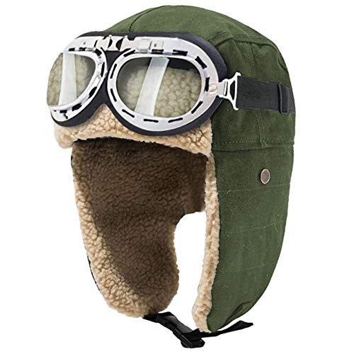 Peicees Vintage-Fliegerhut und Brille, mit Ohrenschützern aus Pelz, Kostümzubehör, Trooper-Trapper-Pilotenmütze, für Winter, Snowboard, Unisex, Jugendliche (grüner Hut, weißer Rahmen/klares Glas) von Peicees