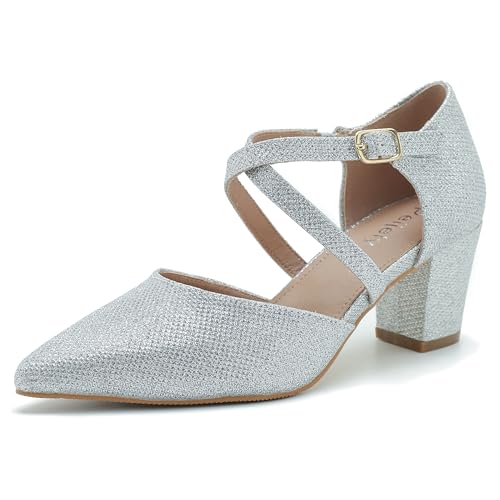 Damen-Pumps mit klobigem Absatz, Kreuzriemen, geschlossen, spitzer Zehenbereich, Silberfarben glitzernd, 42 EU Damen-Pumps mit klobigem Absatz, Kreuzriemen, geschlossen, spitzer Zehenbereich, Silberfarben glitzernd, 42 EU von Peijely