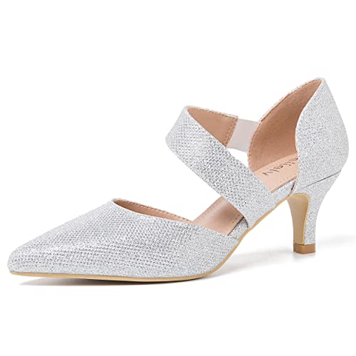 Damen Geschlossene Spitze Zehen Heels Strap D'Orsay Kitten Heel Slip On Dressy Pumps, Silberfarben glitzernd, 37 EU von Peijely