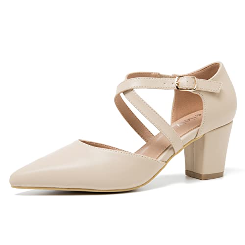 Damen-Pumps mit klobigem Absatz, Kreuzriemen, geschlossen, spitzer Zehenbereich, Matt Nude, 43.5 EU Damen-Pumps mit klobigem Absatz, Kreuzriemen, geschlossen, spitzer Zehenbereich, Matt Nude, 43.5 EU von Peijely