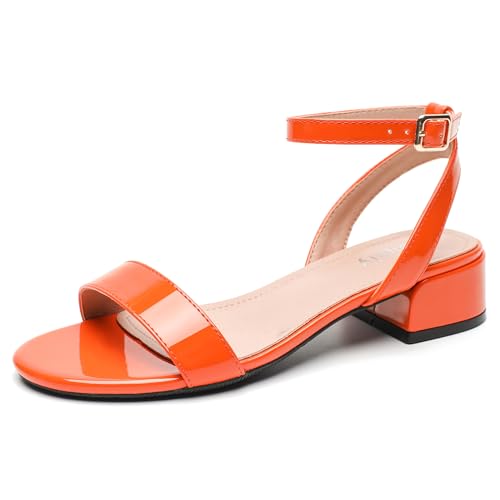 Peijely Damen-Sandalen mit offenem Zehenbereich, Knöchelriemen, niedriger Block, klobige Absätze, Partykleid, Sommerschuhe, Lackorange, 42 EU Peijely Damen-Sandalen mit offenem Zehenbereich, Knöchelriemen, niedriger Block, klobige Absätze, Partykleid, Sommerschuhe, Lackorange, 42 EU von Peijely