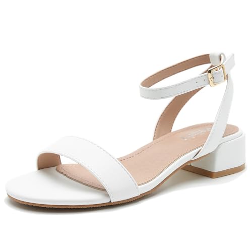 Peijely Damen-Sandalen mit offenem Zehenbereich, Knöchelriemen, niedriger Block, klobige Absätze, Partykleid, Sommerschuhe, Mattweiße, quadratische Schnalle, 39 EU von Peijely