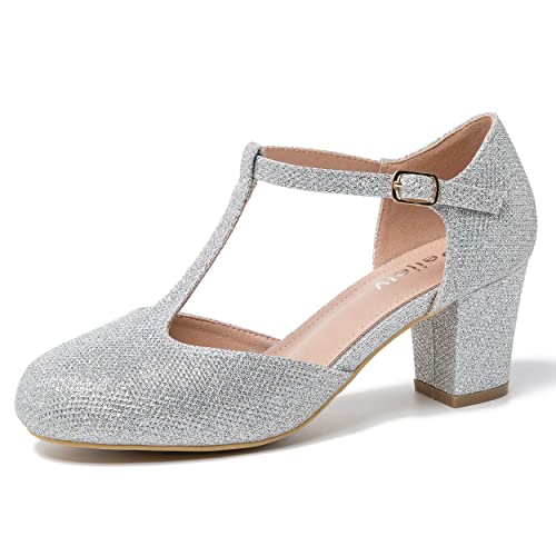 Peijely Mary Jane Damen-Pumps mit T-Riemen, Blockabsatz, Knöchelriemen, Schnalle, Kleid Pumps, Silber Glitter, 37.5 EU Peijely Mary Jane Damen-Pumps mit T-Riemen, Blockabsatz, Knöchelriemen, Schnalle, Kleid Pumps, Silber Glitter, 37.5 EU von Peijely