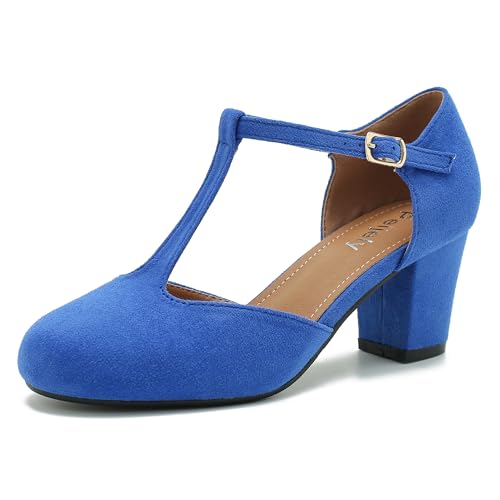 Peijely Mary Jane Damen-Pumps mit T-Riemen, Blockabsatz, Knöchelriemen, Schnalle, Kleid Pumps, Veloursleder in Königsblau, 37.5 EU Peijely Mary Jane Damen-Pumps mit T-Riemen, Blockabsatz, Knöchelriemen, Schnalle, Kleid Pumps, Veloursleder in Königsblau, 37.5 EU von Peijely