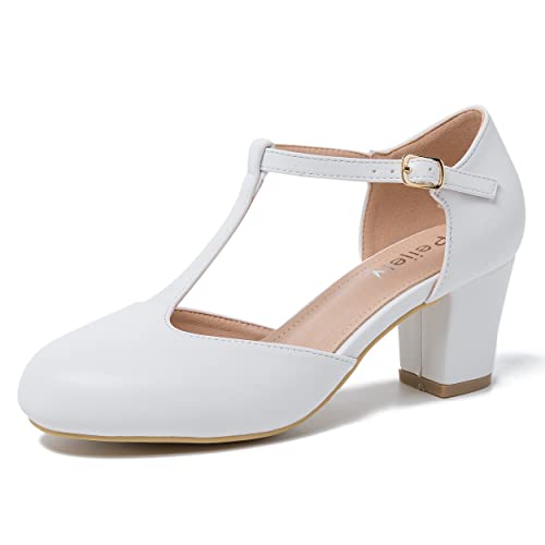 Peijely Mary Jane Damen-Pumps mit T-Riemen, Blockabsatz, Knöchelriemen, Schnalle, Kleid Pumps, Weiß matt, 37.5 EU Peijely Mary Jane Damen-Pumps mit T-Riemen, Blockabsatz, Knöchelriemen, Schnalle, Kleid Pumps, Weiß matt, 37.5 EU von Peijely