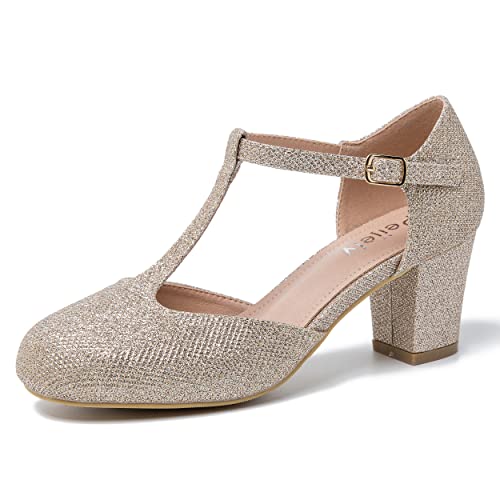 Peijely Mary Jane Damen-Pumps mit T-Riemen, Blockabsatz, Knöchelriemen, Schnalle, Kleid Pumps, Nude Gold Glitter, 39 EU Peijely Mary Jane Damen-Pumps mit T-Riemen, Blockabsatz, Knöchelriemen, Schnalle, Kleid Pumps, Nude Gold Glitter, 39 EU von Peijely