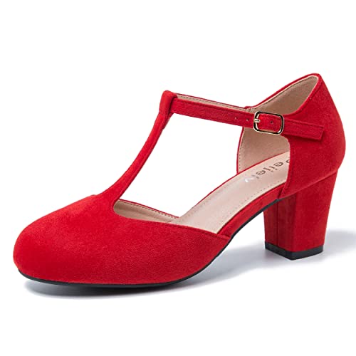 Peijely Mary Jane Damenschuhe mit T-Riemen, klobiger Blockabsatz, Knöchelriemen, Schnalle, Kleid, Wildleder rot, 39 EU Peijely Mary Jane Damenschuhe mit T-Riemen, klobiger Blockabsatz, Knöchelriemen, Schnalle, Kleid, Wildleder rot, 39 EU von Peijely