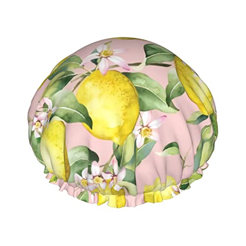 Aquarell-Zitronenrosa-Duschhaube für Damen, verstellbar, doppelt wasserdicht, Bade-Duschhut, Haarschutz, wiederverwendbar, Damen-Spa-Salon-Duschhut von Peiyeety