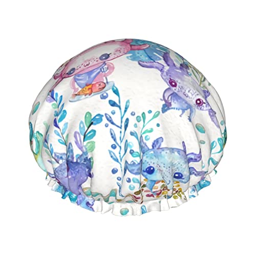 Aquarell-niedliche Axolotl-Duschhaube für Frauen, verstellbar, doppelt wasserdicht, Badeduschhut, Haarschutz, wiederverwendbar, Damen-Spa-Salon-Duschhut von Peiyeety