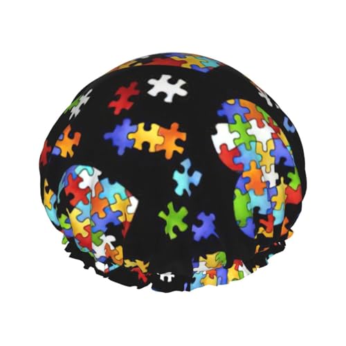 Autism Awareness Puzzle Pieces Heart Print Shower CapSoft,Reusable, Double WaterproofBath Hat Women,Breathable, von Peiyeety