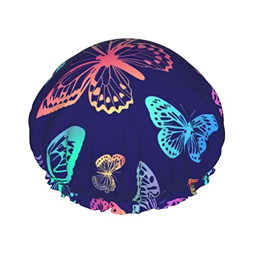 Blaue Regenbogen-Schmetterlings-Duschhaube für Damen, verstellbar, doppelt wasserdicht, Bade-Duschhut, Haarschutz, wiederverwendbar, Damen-Spa-Salon-Duschhut von Peiyeety