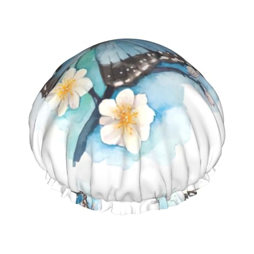 Blue Butterfly On Blossom Flower Print Soft Shower Cap for Women, Reusable Environmental Protection Hair Bath Caps von Peiyeety