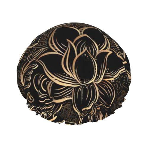 Boho Gold Lotus Flowers Print Soft Shower Cap for Women, Reusable Environmental Protection Hair Bath Caps von Peiyeety