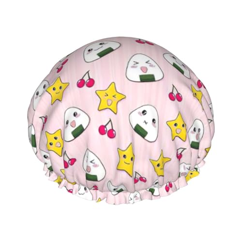 Cute Rice Balls and Stars Pattern Print Soft Shower Cap for Women, Reusable Environmental Protection Hair Bath Caps von Peiyeety