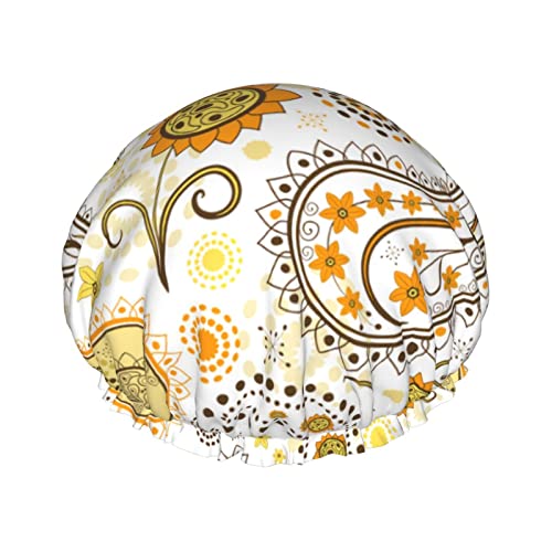 Duschhaube mit Sonnenblumen und Paisley-Motiv, Vintage-Boho-Stil, für Damen, verstellbar, doppelt, wasserdicht, Bade-Duschhut, Haarschutz, wiederverwendbar, Damen-Spa-Salon-Duschhut von Peiyeety