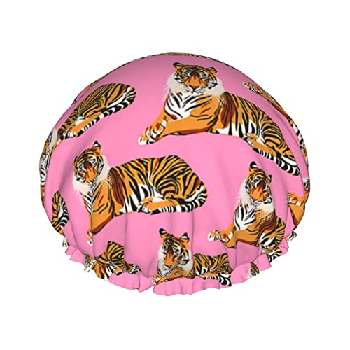 Duschhaube mit Tigermuster auf rosa für Damen, verstellbar, doppelt wasserdicht, Bade-Duschhut, Haarschutz, wiederverwendbar, Damen-Spa-Salon-Duschhut von Peiyeety